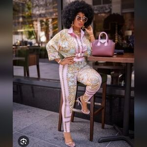 Chic Pastel Patterned Italy Button Down Short and Pants Set Brocade M Coord